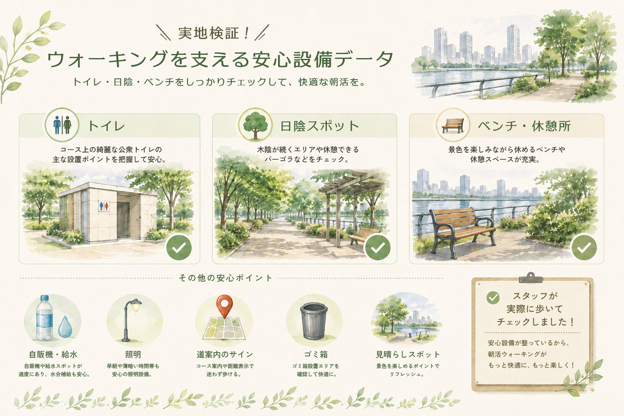 湾岸ウォーキングのトイレやベンチなど安心設備を示す水彩風インフォグラフィック