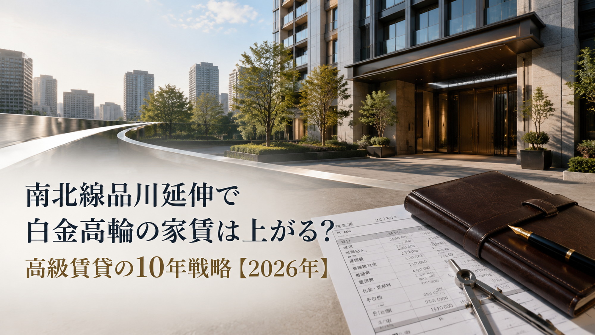 南北線品川延伸と白金高輪の高級賃貸運用を表すマンション外観と収支表