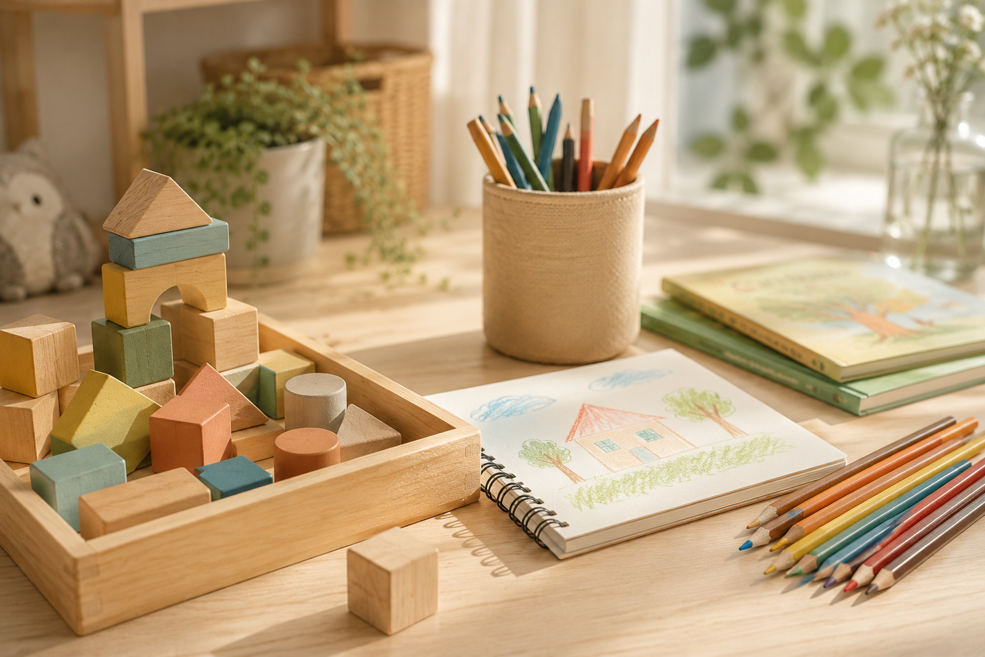木製のおもちゃや色鉛筆、ノートが並ぶ明るい子ども部屋の学びの風景