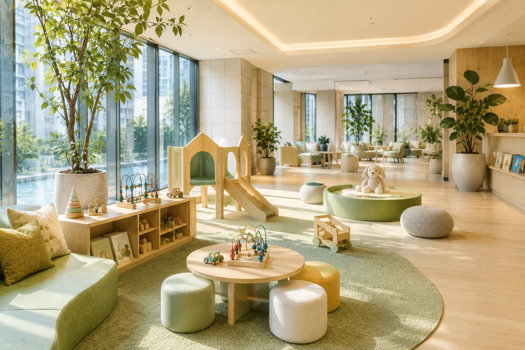 観葉植物のある明るいマンション共用ラウンジとキッズスペース