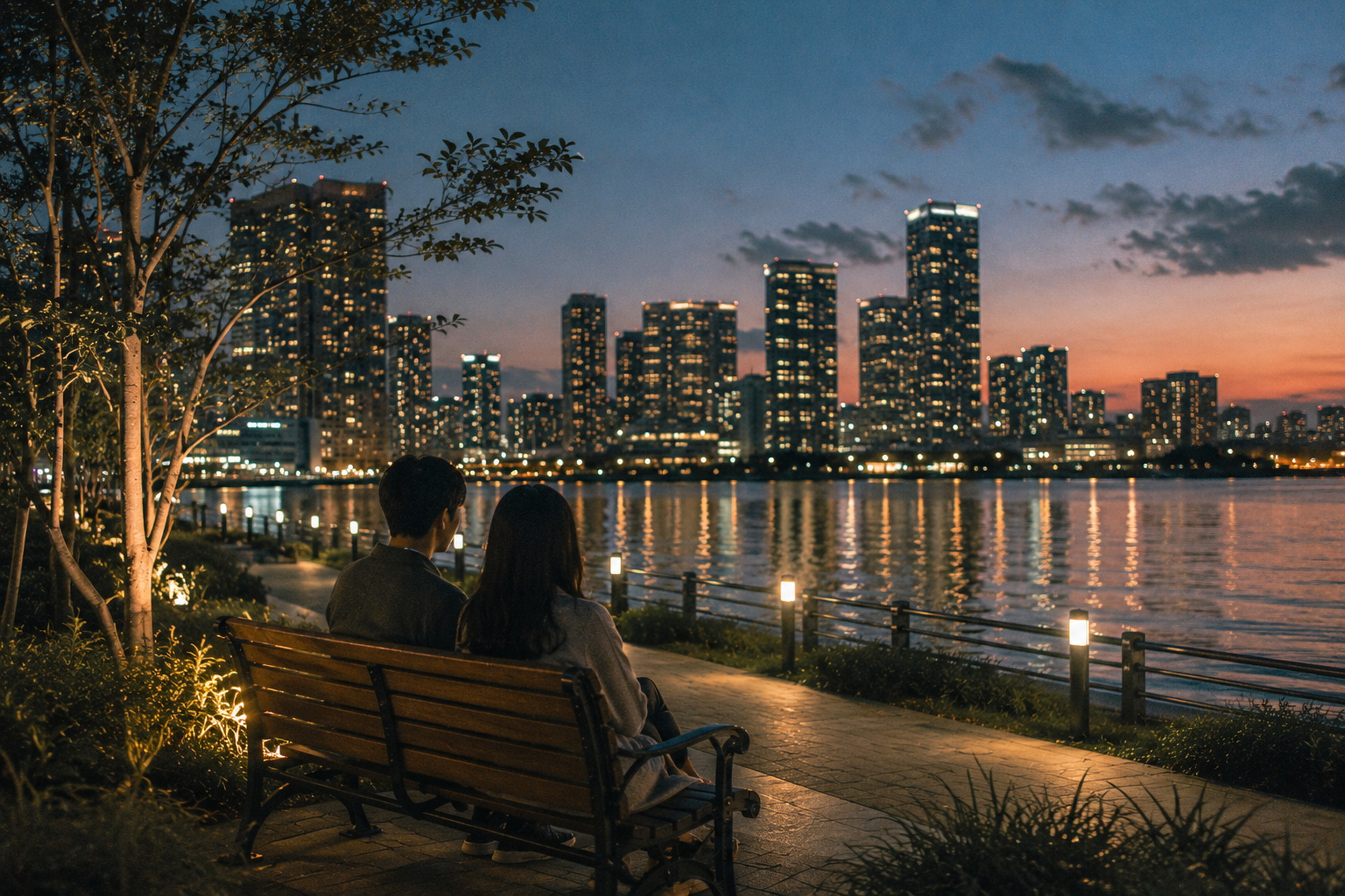 ベンチに座りながら夜景と運河を楽しむ男女