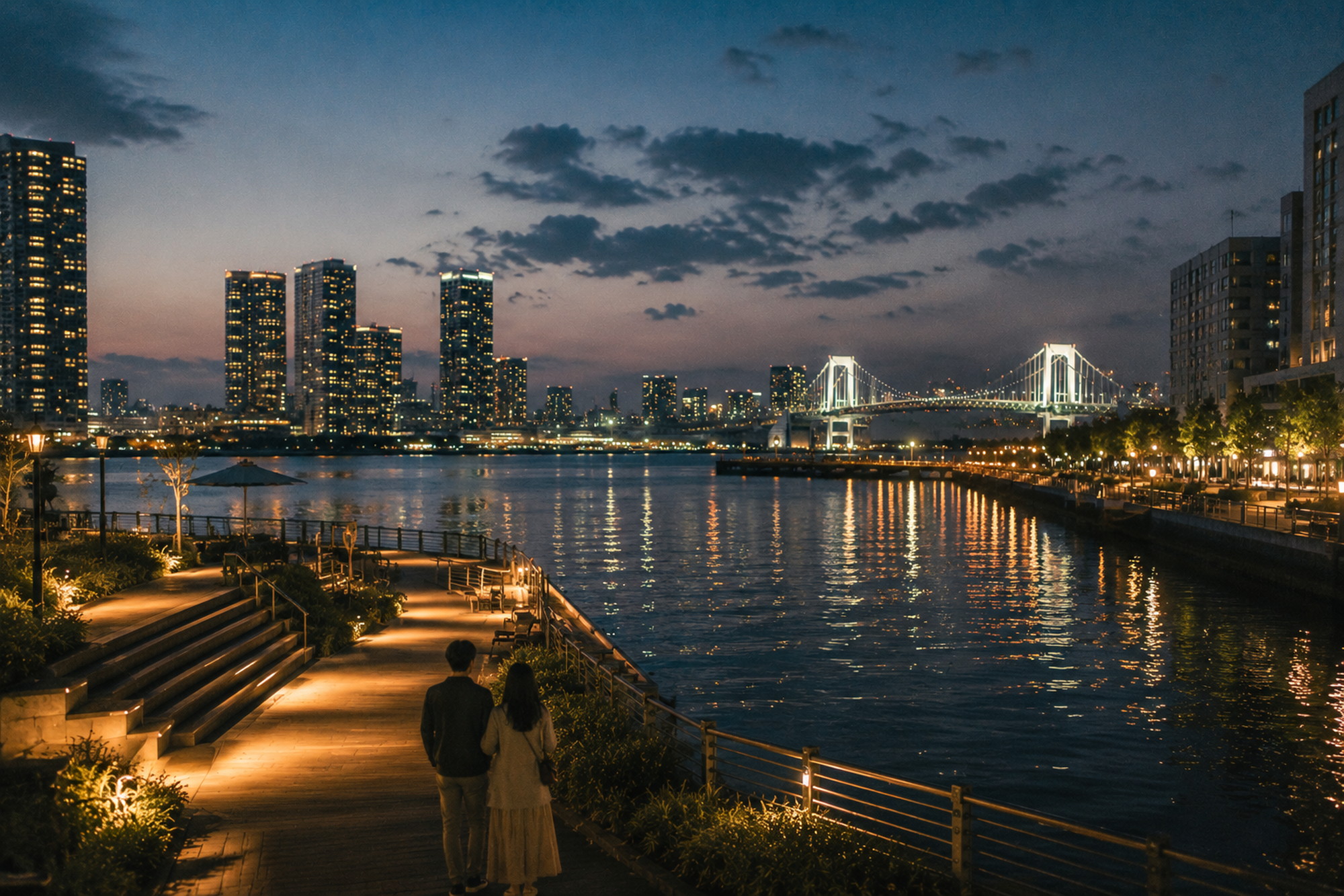 静かな夜景スポットを寄り添って歩く男女