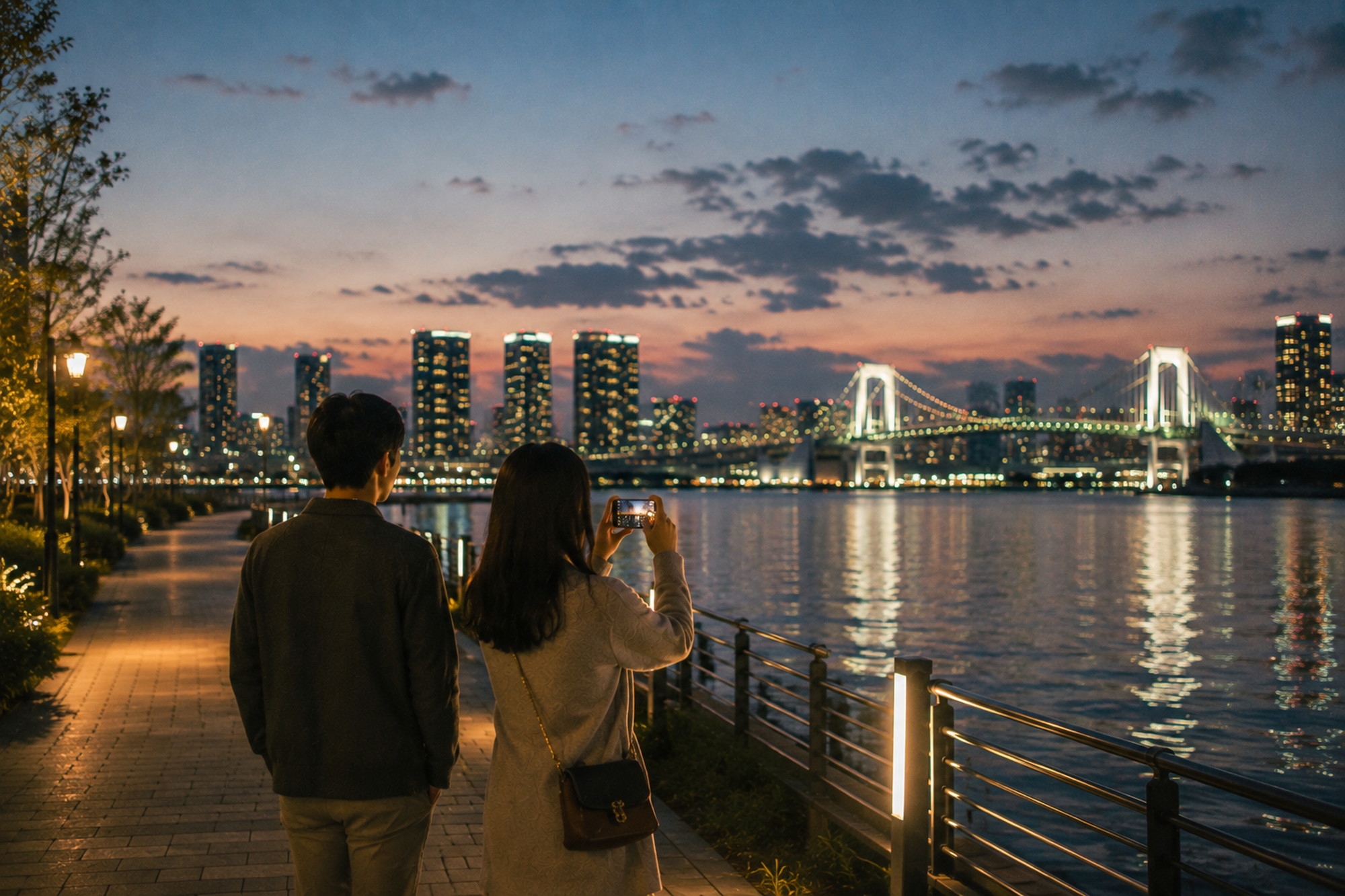 スマートフォンを手に夜景を撮影する女性と寄り添っている男性